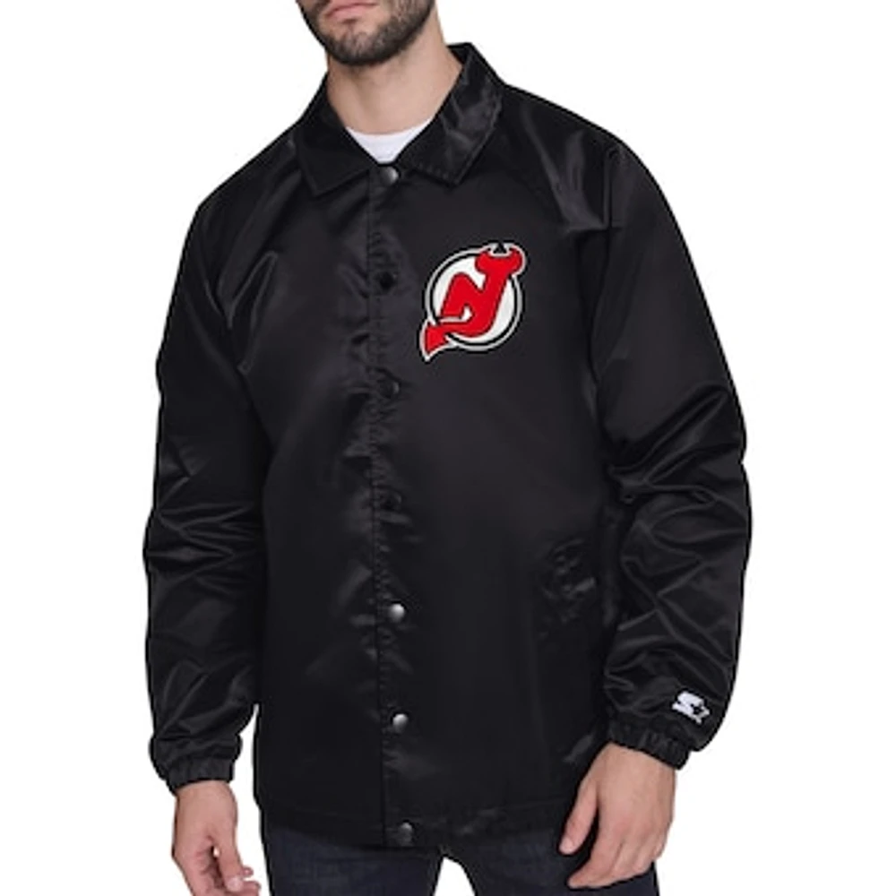 Men's Starter Black New Jersey Devils Printed Logo Coaches Full-Snap Jacket