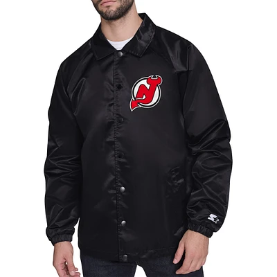 Men's Starter Black New Jersey Devils Printed Logo Coaches Full-Snap Jacket