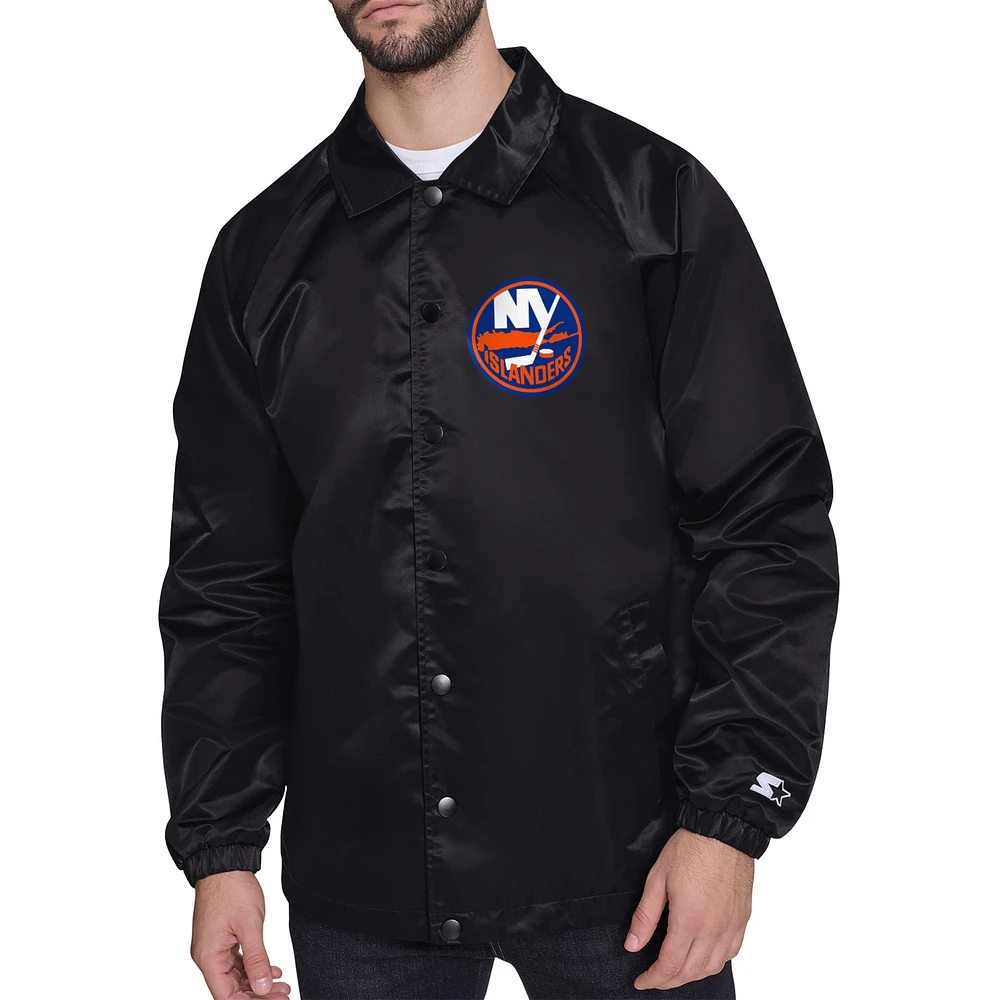 Men's Starter Black New York Islanders Shield Team Logo Printed graphic Coaches jacket
