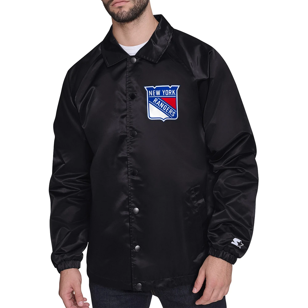 Men's Starter Black New York Rangers Shield Team Logo Printed graphic Coaches jacket