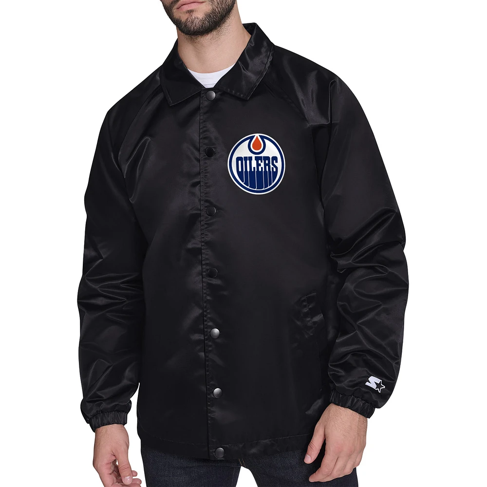 Men's Starter Black Edmonton Oilers Shield Team Logo Printed graphic Coaches jacket