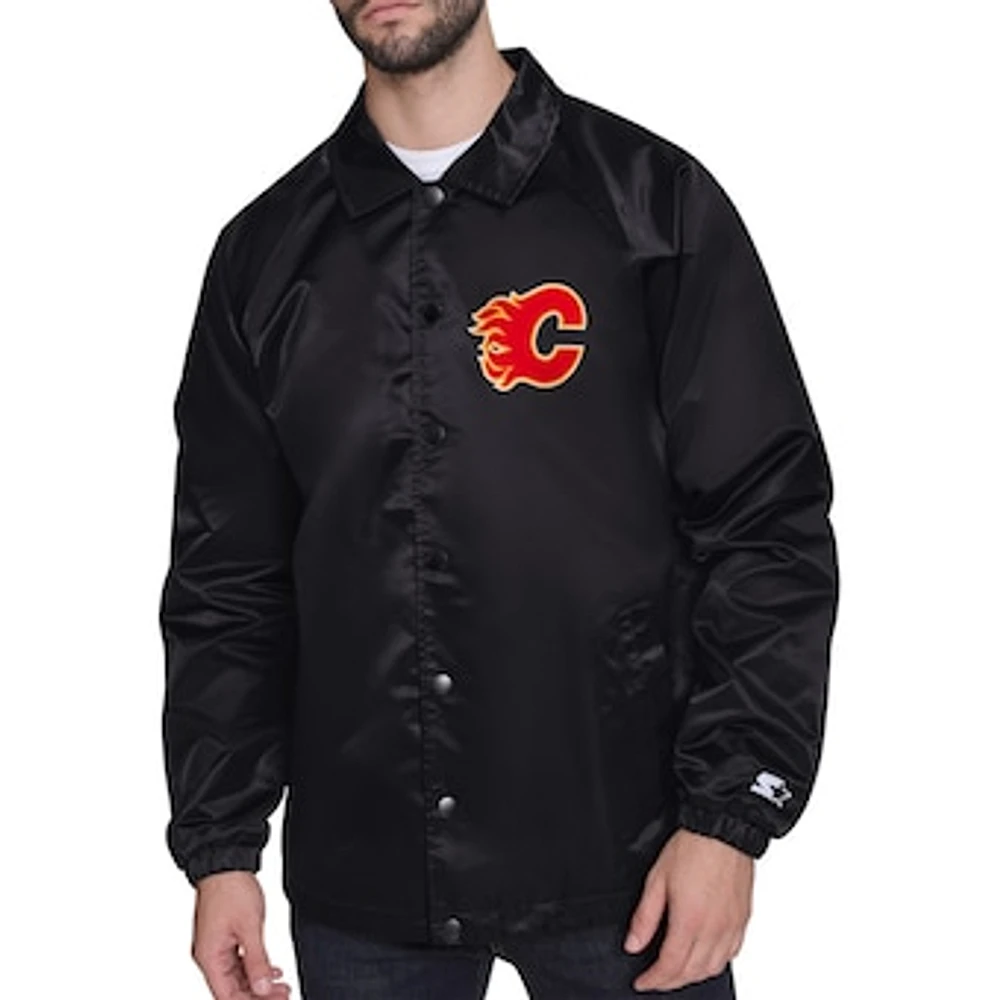 Men's Starter Black Calgary Flames Printed Logo Coaches Full-Snap Jacket