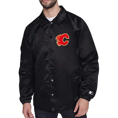 Men's Starter Black Calgary Flames Printed Logo Coaches Full-Snap Jacket