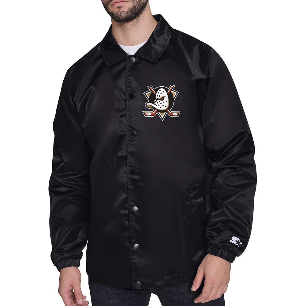 Men's Starter Black Anaheim Ducks Printed Logo Coaches Full-Snap Jacket