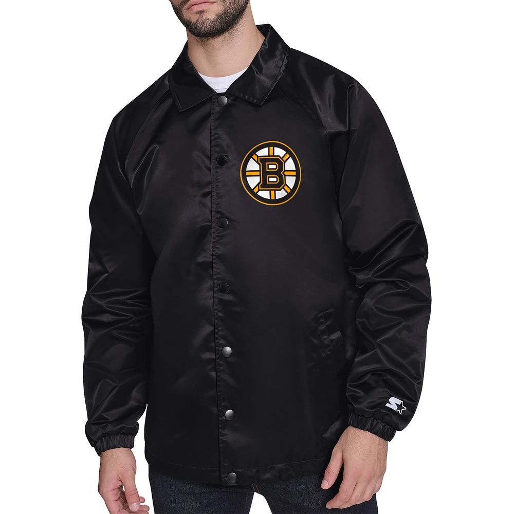 Men's Starter Black Boston Bruins Printed Logo Coaches Full-Snap Jacket