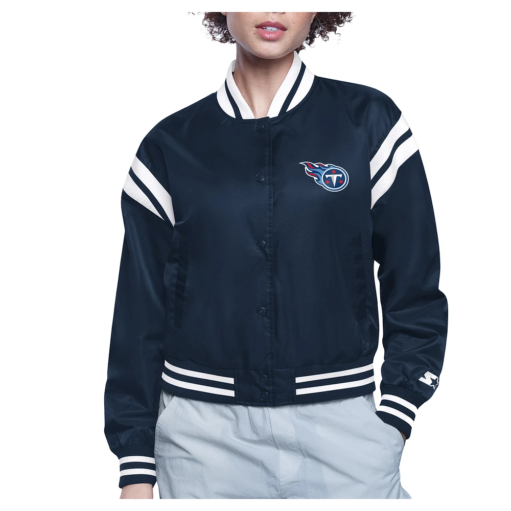 Women's Starter Navy Tennessee Titans Round Team Logo Cropped Satin Varsity Full-Snap Jacket