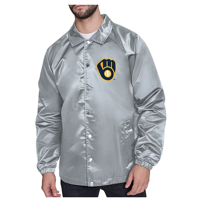Men's Starter Gray Milwaukee Brewers Shield Logo Raglan Coaches Full-Snap Jacket