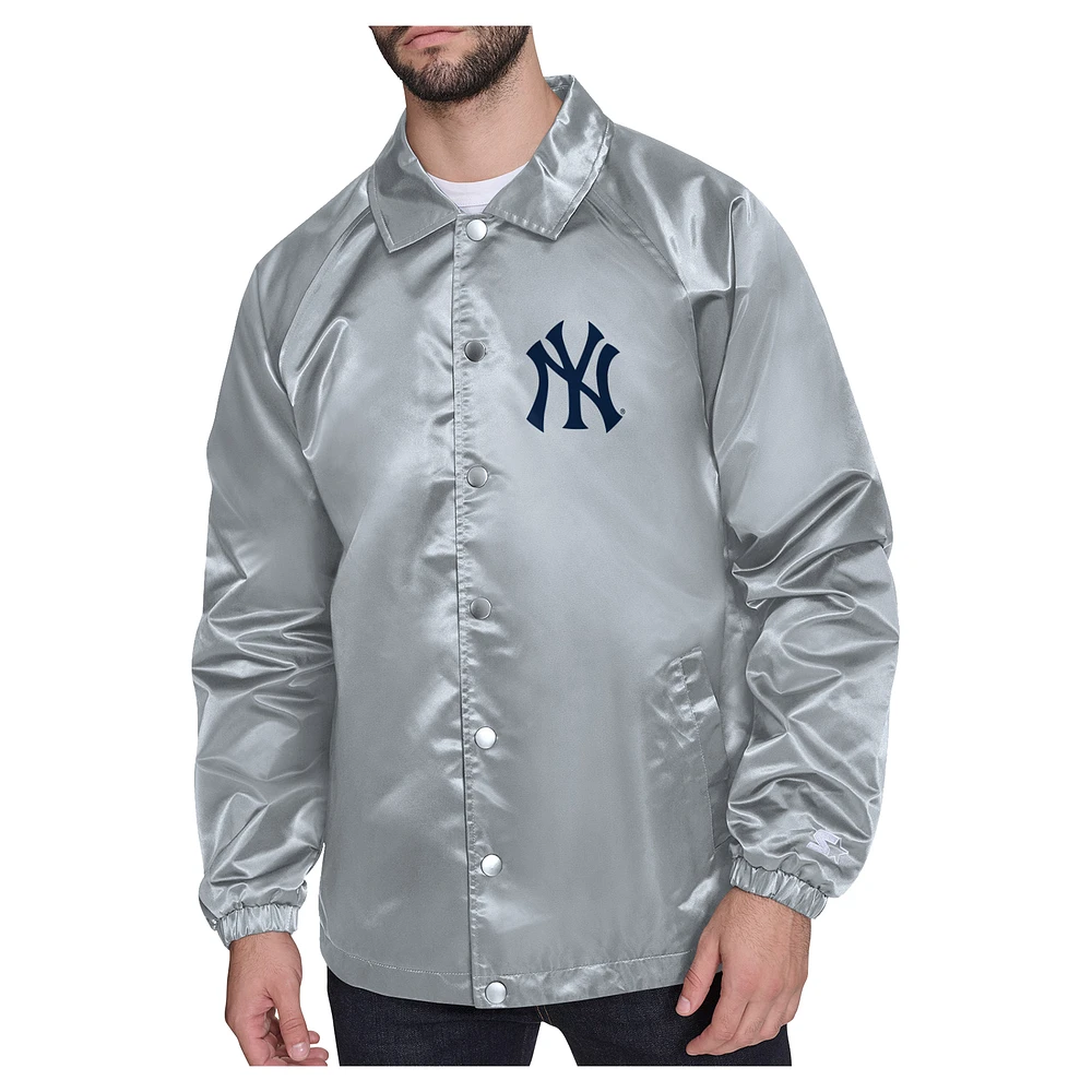 Men's Starter Gray New York Yankees Shield Logo Raglan Coaches Full-Snap Jacket