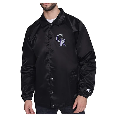 Men's Starter Black Colorado Rockies Shield Logo Raglan Coaches Full-Snap Jacket