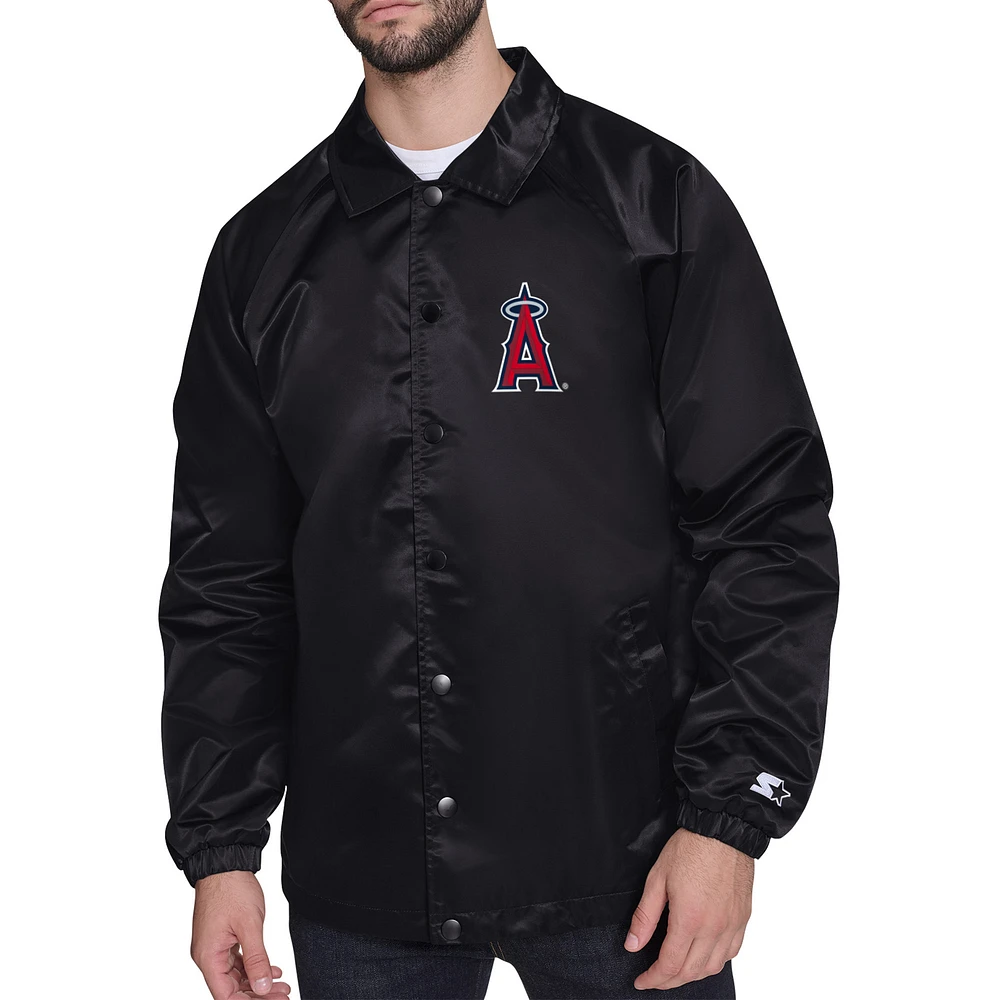 Men's Starter Black Los Angeles Angels Shield Logo Raglan Coaches Full-Snap Jacket