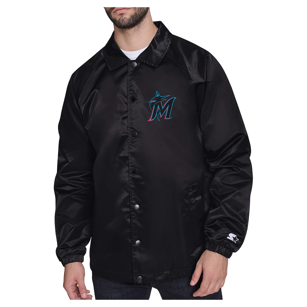 Men's Starter Black Florida Marlins Shield Logo Raglan Coaches Full-Snap Jacket