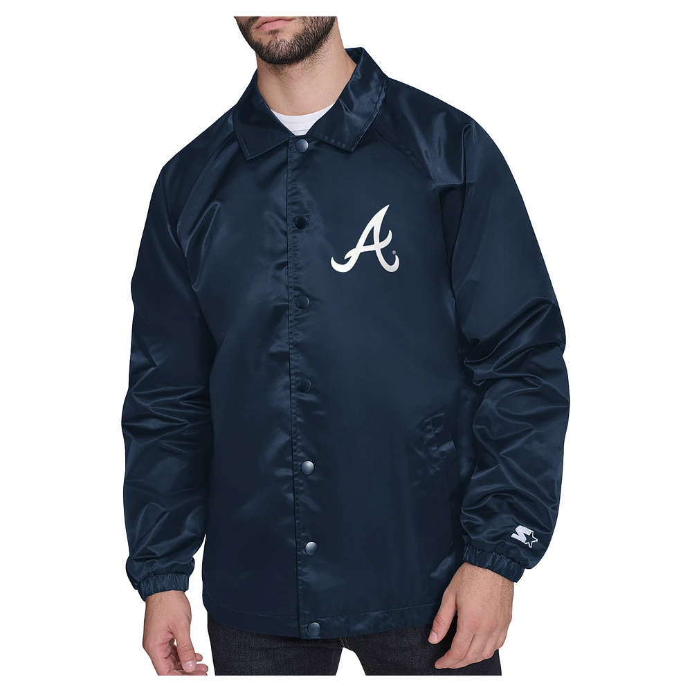 Men's Starter Navy Atlanta Braves Shield Logo Raglan Coaches Full-Snap Jacket
