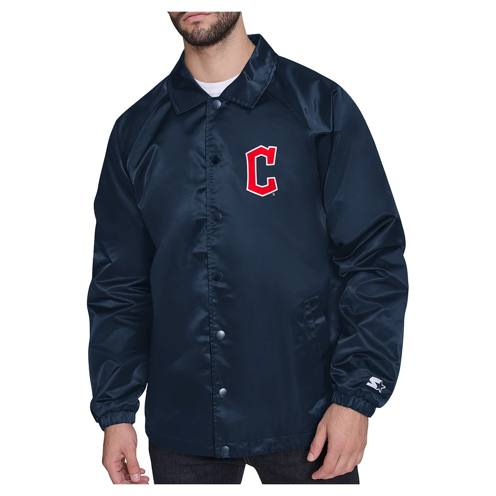 Men's Starter Navy Cleveland Guardians Shield Logo Raglan Coaches Full-Snap Jacket