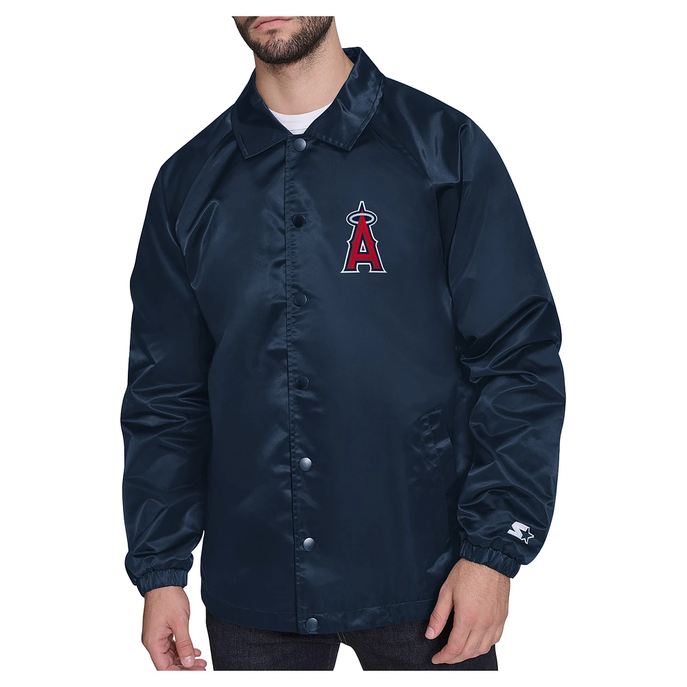 Men's Starter Navy Los Angeles Angels Shield Logo Raglan Coaches Full-Snap Jacket
