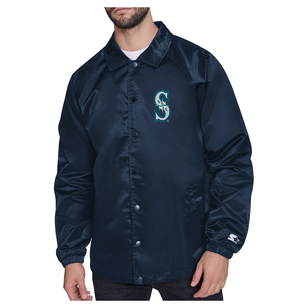 Men's Starter Navy Seattle Mariners Shield Logo Raglan Coaches Full-Snap Jacket