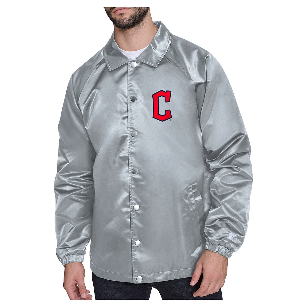 Men's Starter Gray Cleveland Guardians Shield Logo Raglan Coaches Full-Snap Jacket