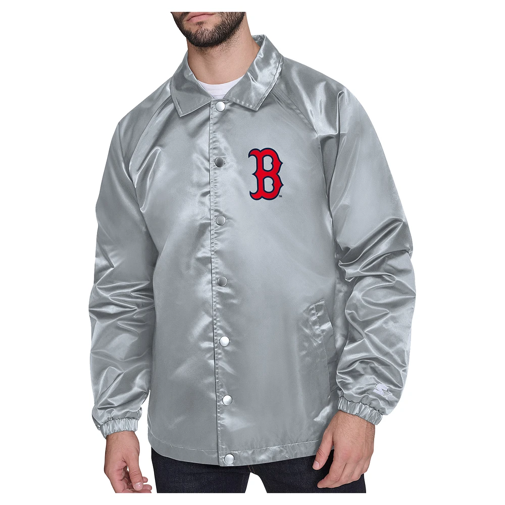 Men's Starter Gray Boston Red Sox Shield Logo Raglan Coaches Full-Snap Jacket