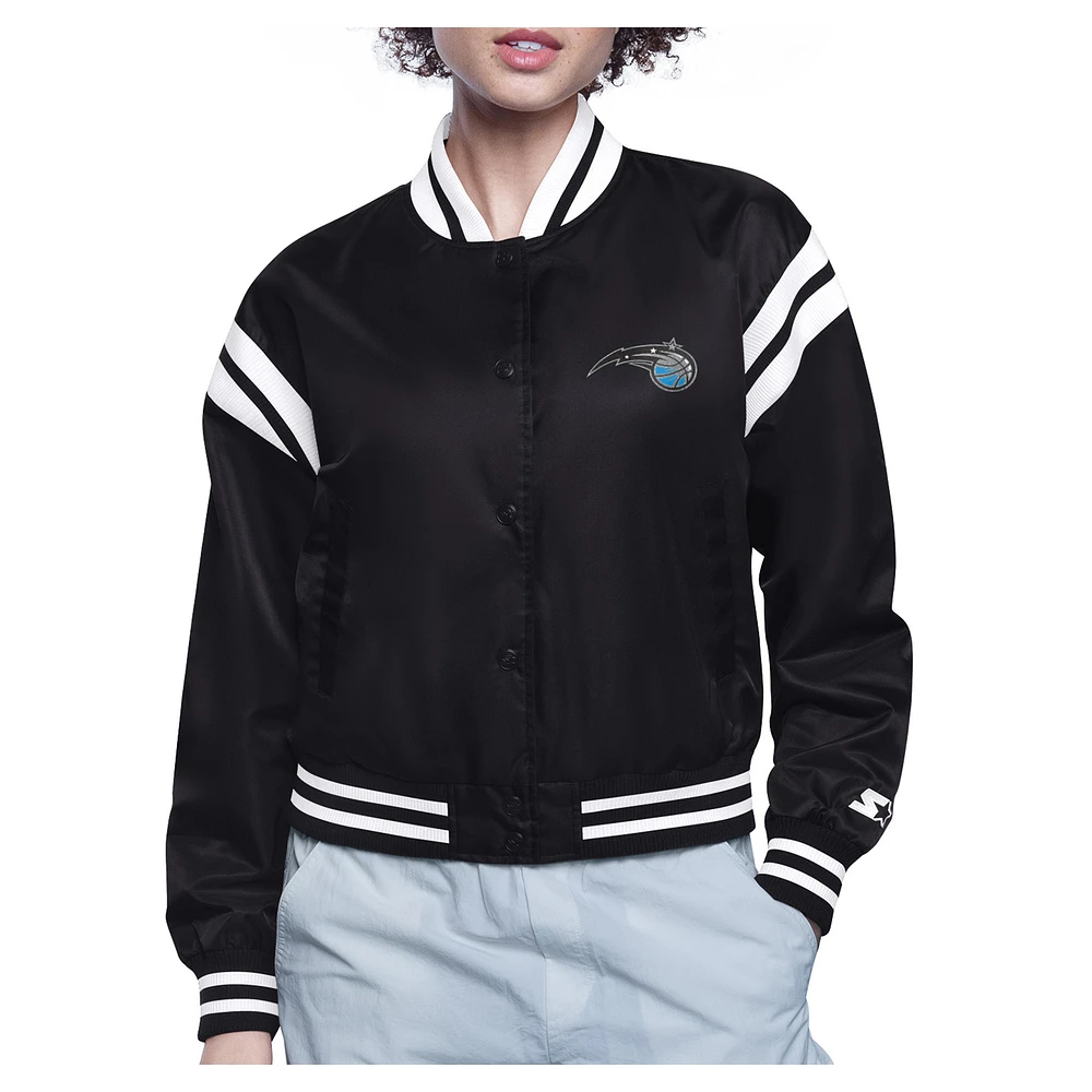 Women's Starter Black Orlando Magic Printed Logo Cropped Satin Varsity Full-Snap Jacket
