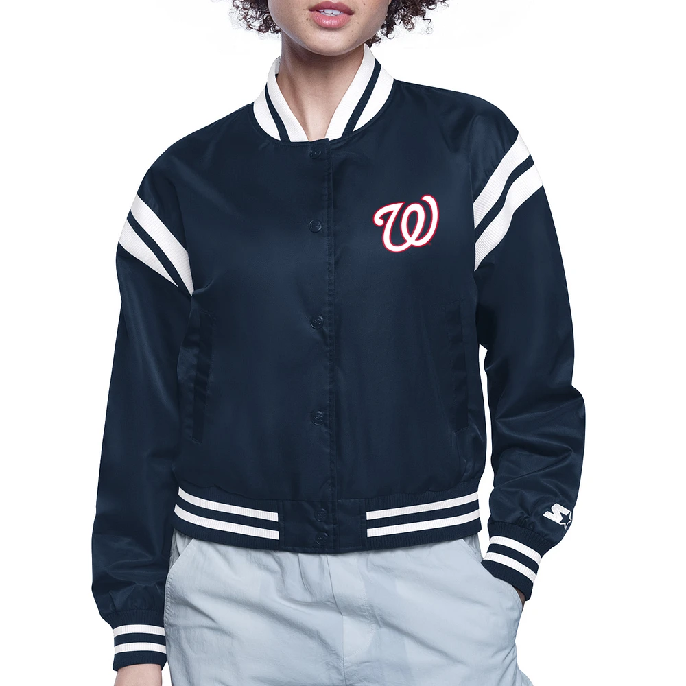 Women's Starter Navy Washington Nationals Printed Logo Cropped Satin Varsity Full-Snap Jacket