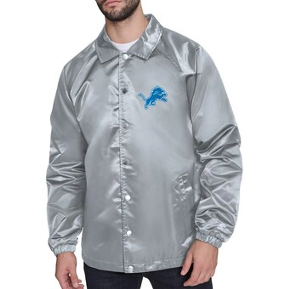 Men's Starter Gray Detroit Lions Printed Logo Raglan Coaches Full-Snap Jacket