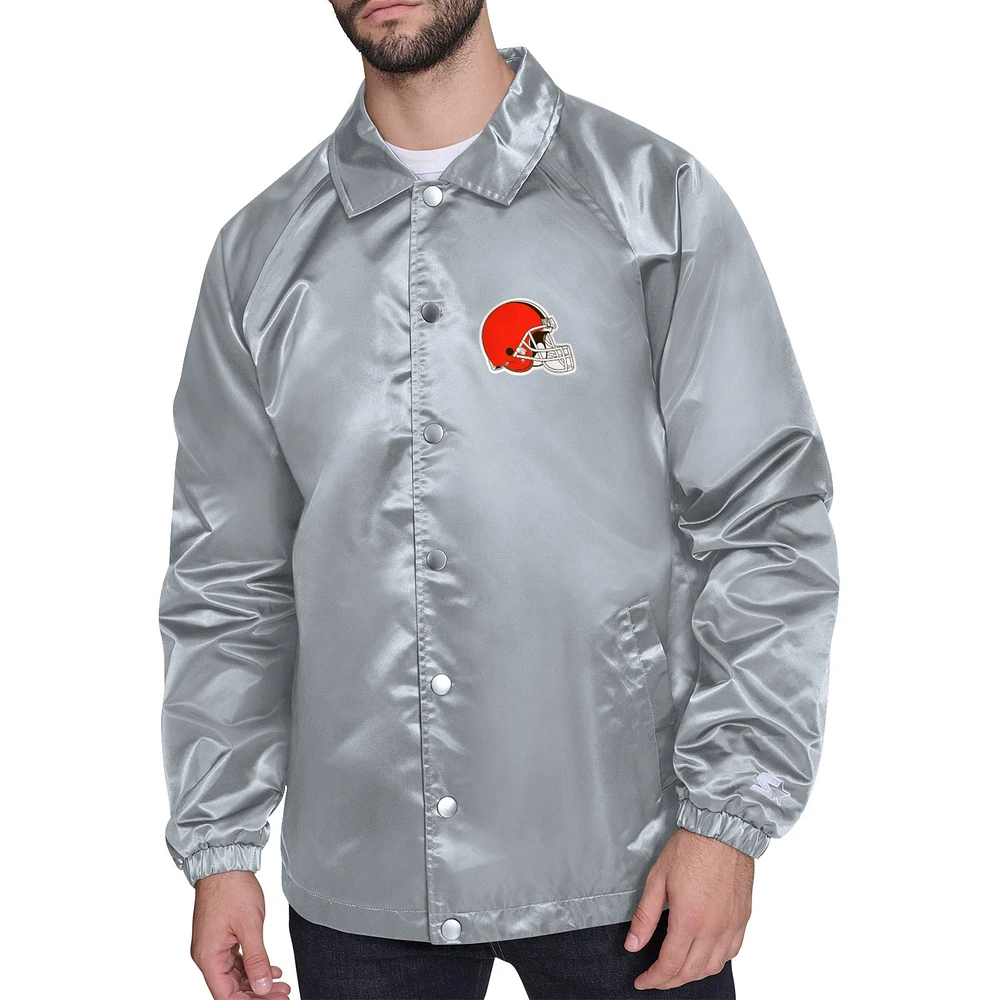 Men's Starter Gray Cleveland Browns Printed Logo Raglan Coaches Full-Snap Jacket
