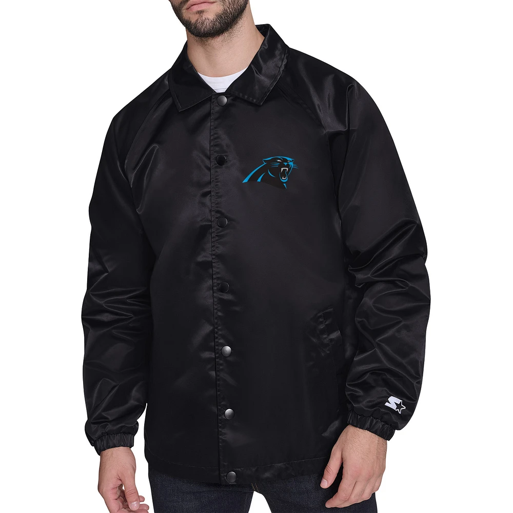 Men's Starter Black Carolina Panthers Printed Logo Raglan Coaches Full-Snap Jacket