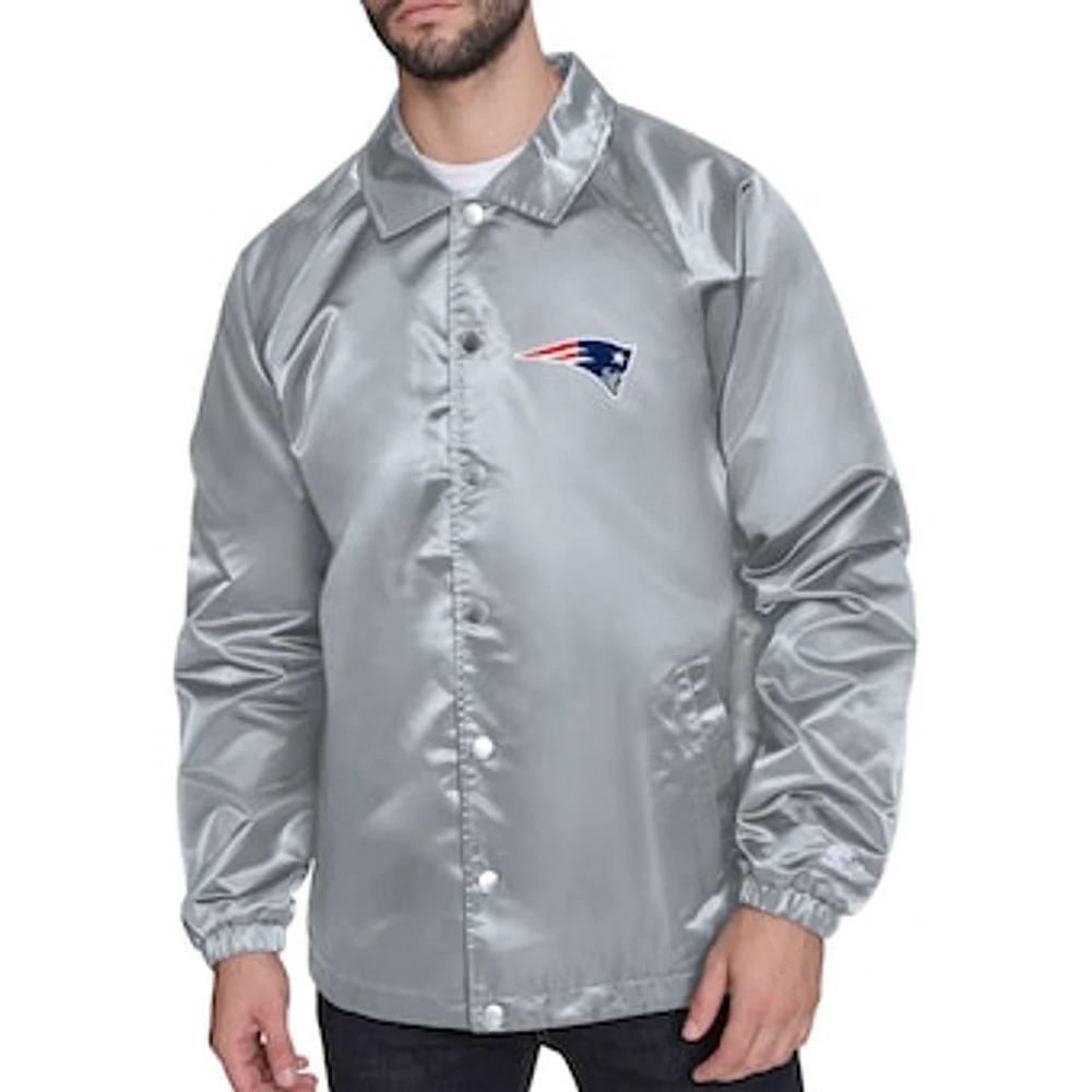 Men's Starter Gray New England Patriots Printed Logo Raglan Coaches Full-Snap Jacket