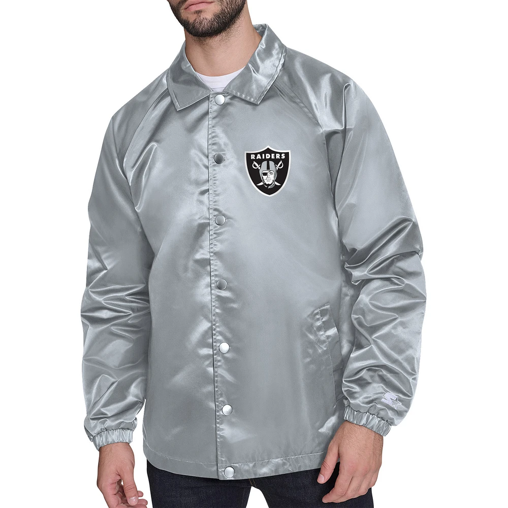 Men's Starter Gray Las Vegas Raiders Printed Logo Raglan Coaches Full-Snap Jacket
