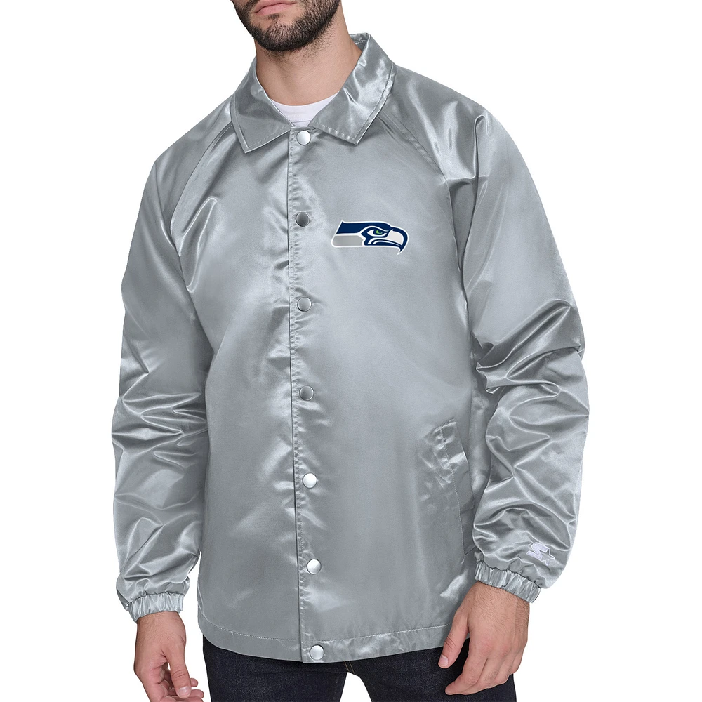 Men's Starter Gray Seattle Seahawks Printed Logo Raglan Coaches Full-Snap Jacket