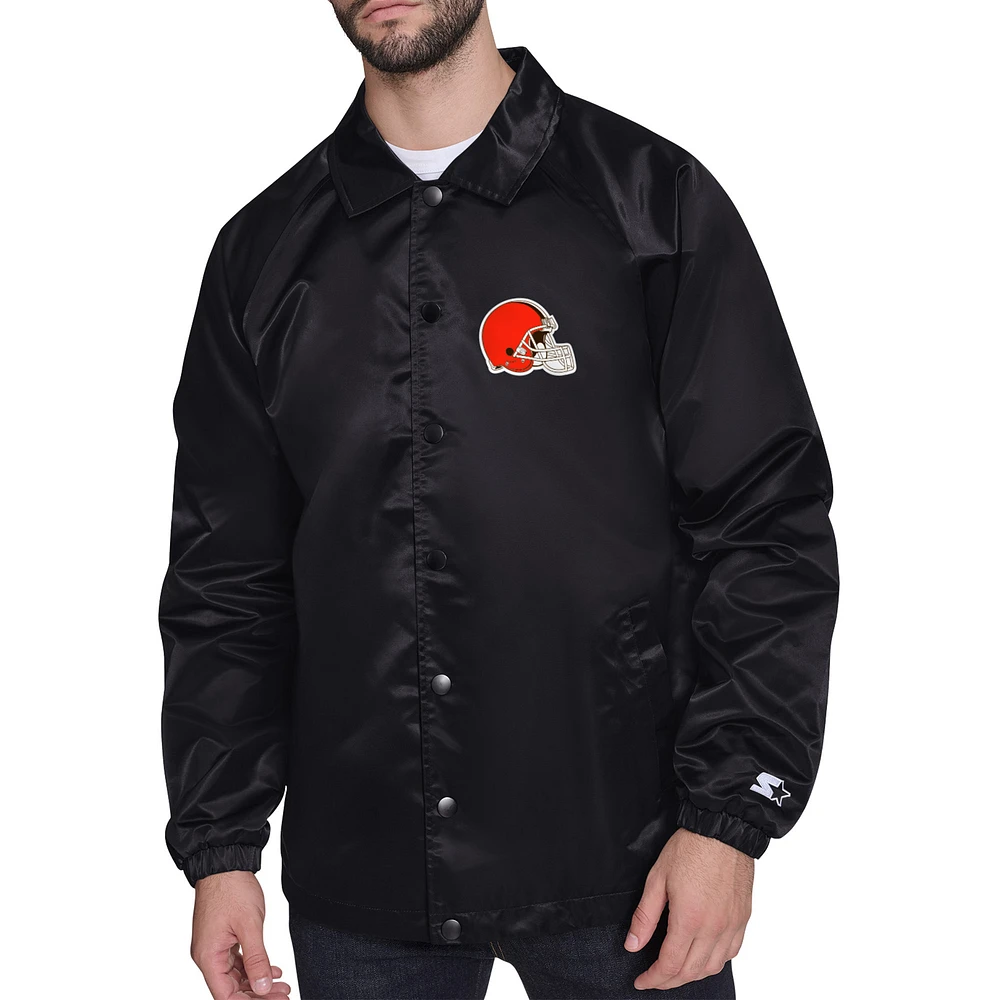 Men's Starter Black Cleveland Browns Printed Logo Raglan Coaches Full-Snap Jacket