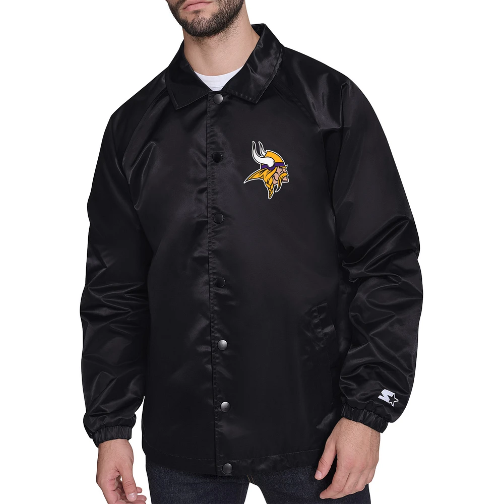 Men's Starter Black Minnesota Vikings Printed Logo Raglan Coaches Full-Snap Jacket