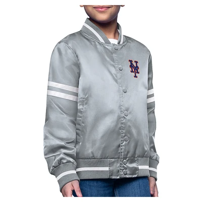 Girls Youth Starter Gray New York Mets Printed Logo Satin Varsity Full-Snap Jacket