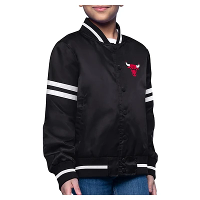 Youth Starter Black Chicago Bulls Printed Logo Varsity Satin Full-Snap Jacket