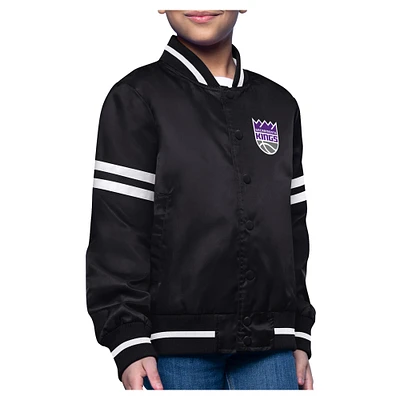 Youth Starter Black Sacramento Kings Printed Logo Varsity Satin Full-Snap Jacket