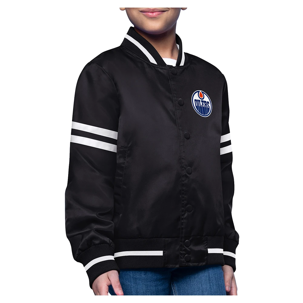 Youth Starter Black Edmonton Oilers Printed Logo Satin Varsity Full-Snap Jacket