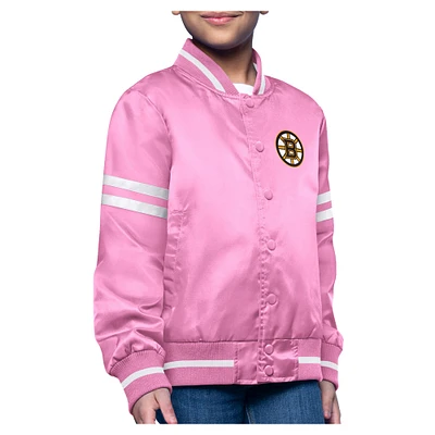 Youth Starter Pink Boston Bruins Printed Logo Satin Varsity Full-Snap Jacket