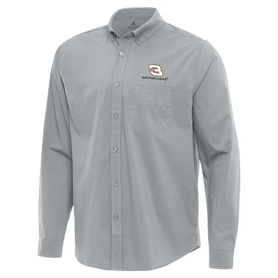 Men's Antigua Gray Austin Dillon Flight Woven Tri-Blend Long Sleeve Button-Down Shirt