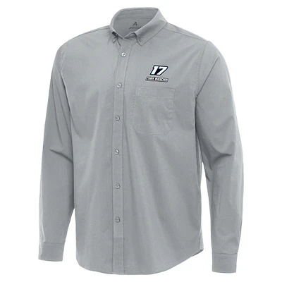 Men's Antigua Gray Chris Buescher Flight Woven Tri-Blend Long Sleeve Button-Down Shirt