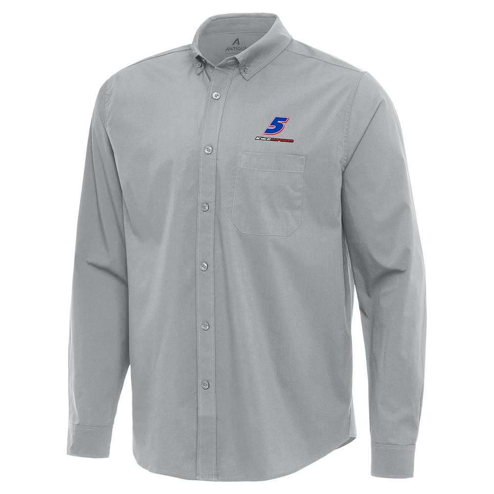 Men's Antigua Gray Kyle Larson Flight Woven Tri-Blend Long Sleeve Button-Down Shirt