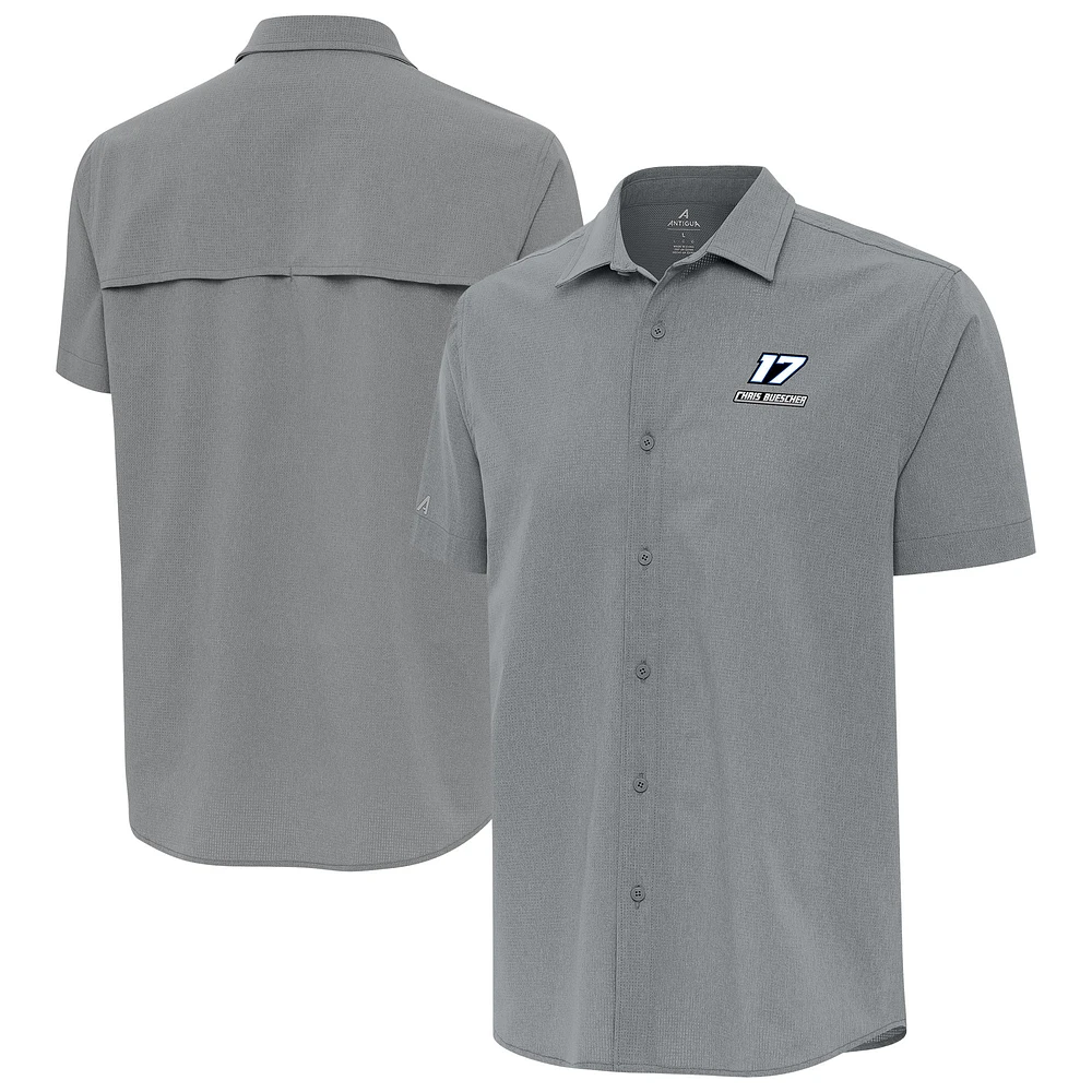 Men's Antigua Gray Chris Buescher Activate Woven Short Sleeve Button-Up Shirt