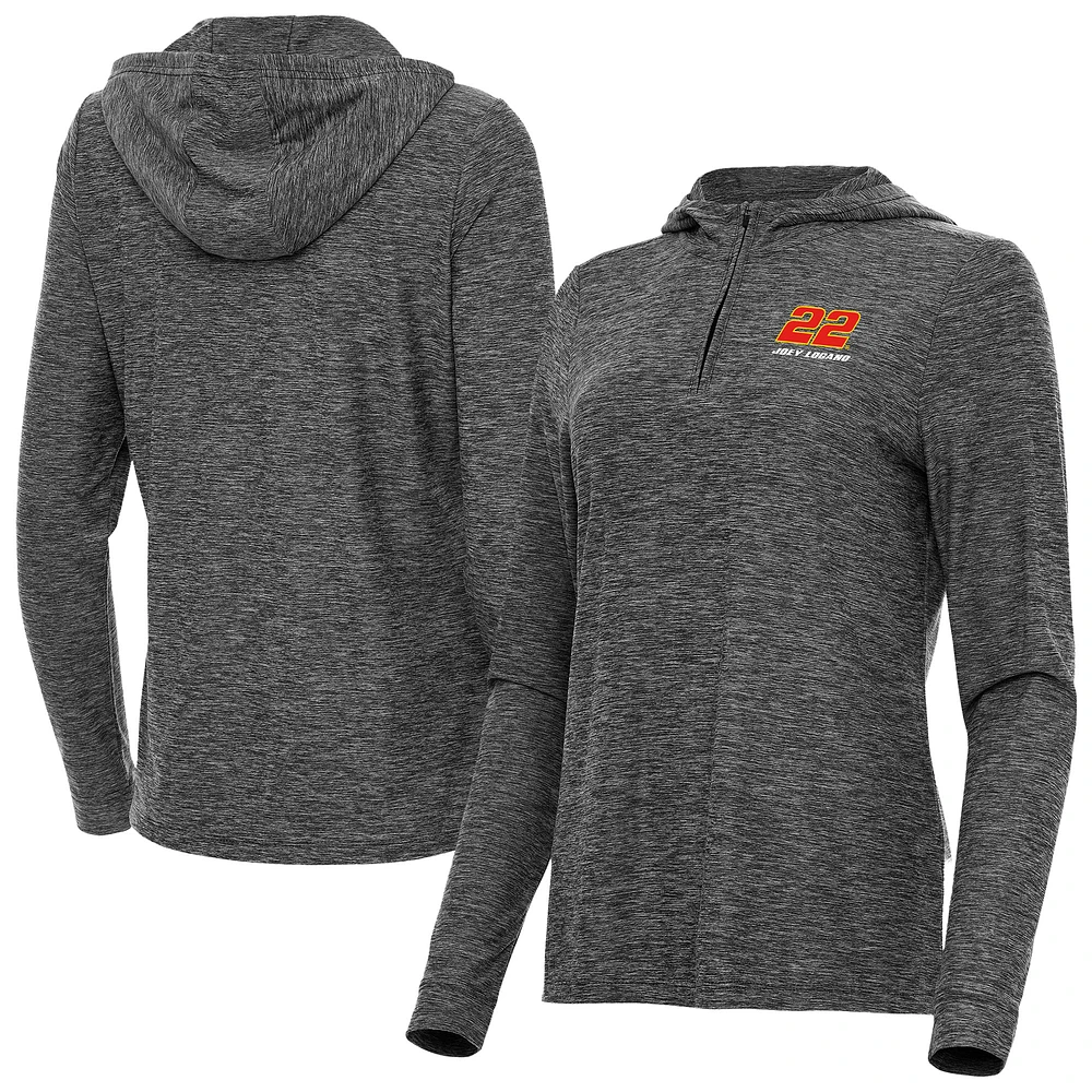 Women's Antigua Heather Black Joey Logano Daybreak Quarter-Zip Pullover Hoodie