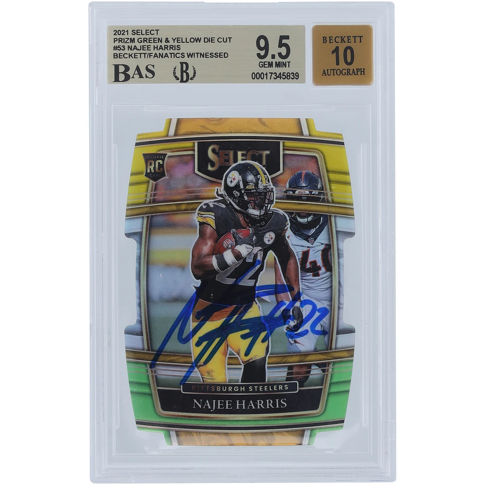 Najee Harris Pittsburgh Steelers Autographed 2021 Panini Select Green & Yellow Die Cut #53 Beckett Fanatics Witnessed Authenticated /10 Rookie Card