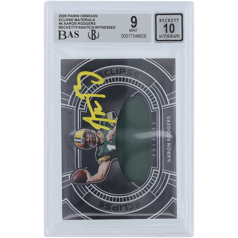 Aaron Rodgers Green Bay Packers Autographed 2020 Panini Obsidian Eclipse Materials Relic Yellow Ink #E4 #/75 Beckett Fanatics Witnessed Authenticated 9/10 Card