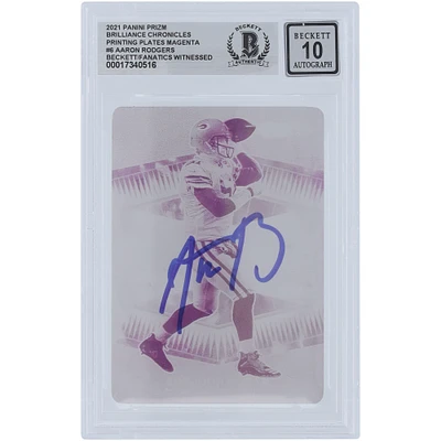 Aaron Rodgers Green Bay Packers Autographed 2021 Panini Prizm Brilliance Magenta Printing Plate #6 #1/1 Beckett Fanatics Witnessed Authenticated 10 Card