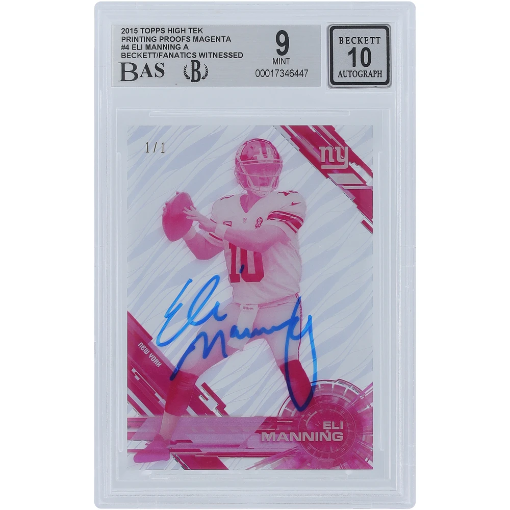 Eli Manning New York Giants Autographed 2015 Topps High Tek Magenta Printing Plate #4 #1/1 Beckett Fanatics Witnessed Authenticated 9/10 Card