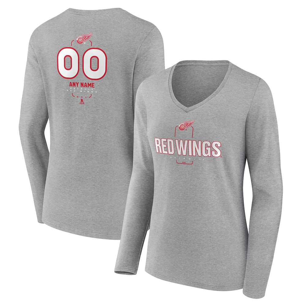Women's Gray Detroit Red Wings Personalized Name & Number Midfielder Long Sleeve V-Neck T-Shirt
