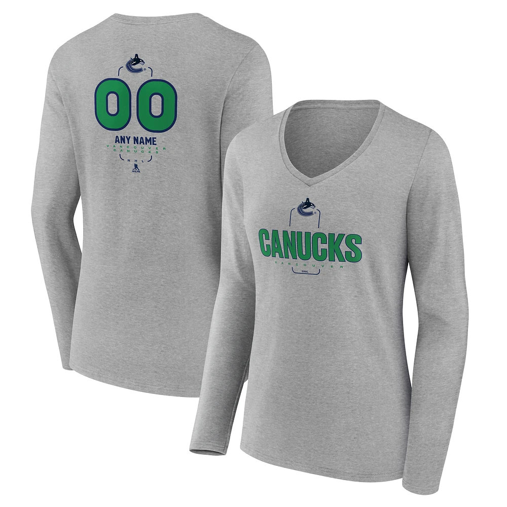 Women's Gray Vancouver Canucks Personalized Name & Number Midfielder Long Sleeve V-Neck T-Shirt