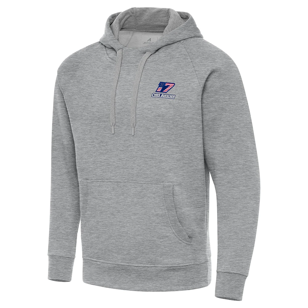 Men's Antigua Heather Gray Chris Buescher Fleece Victory Pullover Hoodie