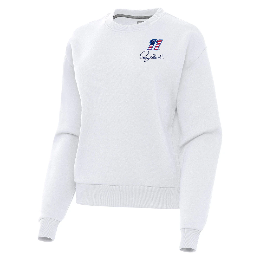 Women's Antigua White Denny Hamlin Victory Crewneck Pullover Sweatshirt