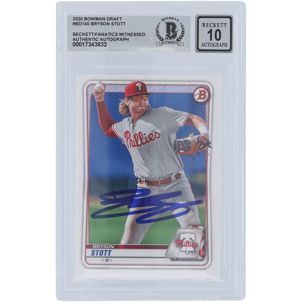 Bryson Stott Philadelphia Phillies Autographed 2020 Bowman Draft #BD-140 Beckett Fanatics Witnessed Authenticated 10 Card